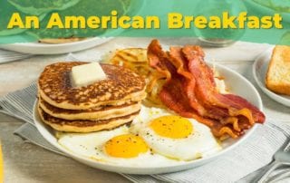 Vocabulário de café da manhã americano, menu de café da manhã americano com fotos, comida de café da manhã em inglês